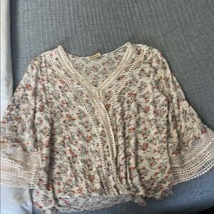 Democracy Floral Blouse with Crochet Trim - Cream and Red